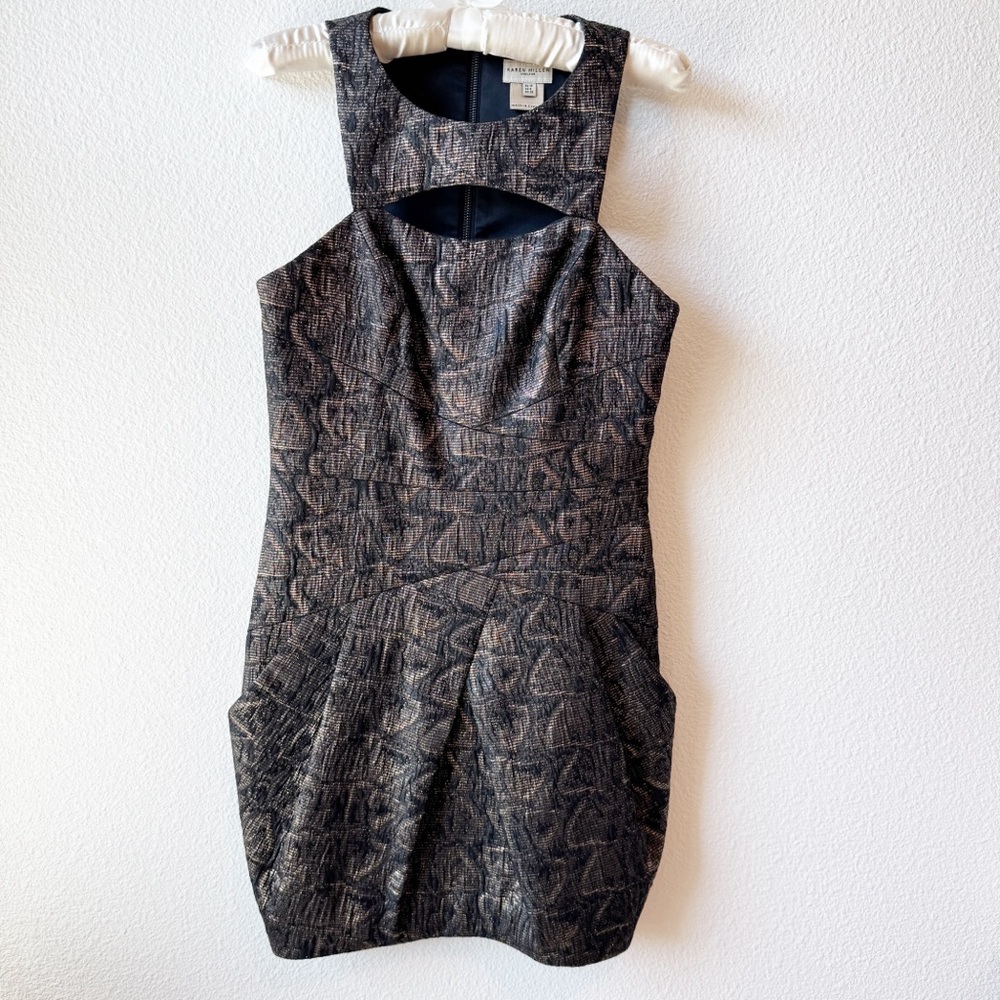 Karen Millen Black and Gold Textured Bandage Mini Dress Sz 6